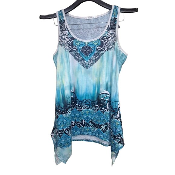 Rosegal 1XL Tank Top Blue Boho Heart Print Handkerchief Hem Sleeveless Tunic - Picture 1 of 6